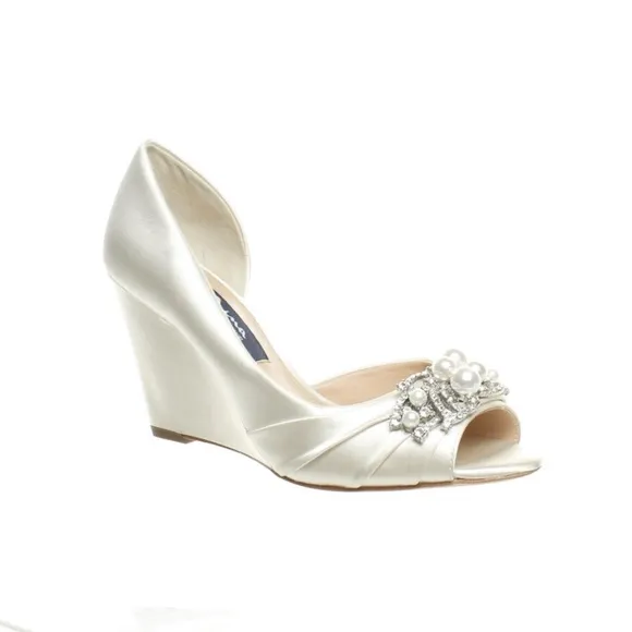 NINA Rona Swarovski Crystals Ivory White Satin Wedge Heel Wedding Bridal Pumps