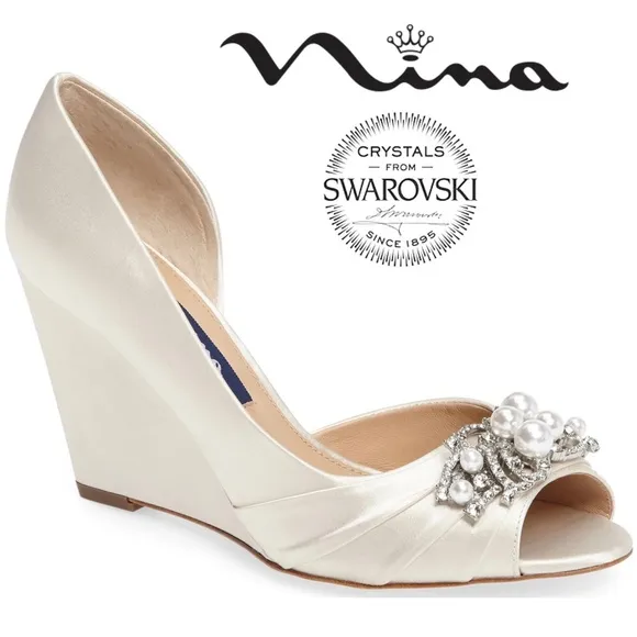 NINA Rona Swarovski Crystals Ivory White Satin Wedge Heel Wedding Bridal Pumps