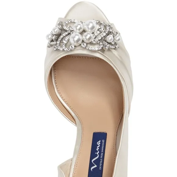 NINA Rona Swarovski Crystals Ivory White Satin Wedge Heel Wedding Bridal Pumps