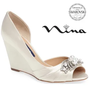 NINA Rona Swarovski Crystals Ivory White Satin Wedge Heel Wedding Bridal Pumps