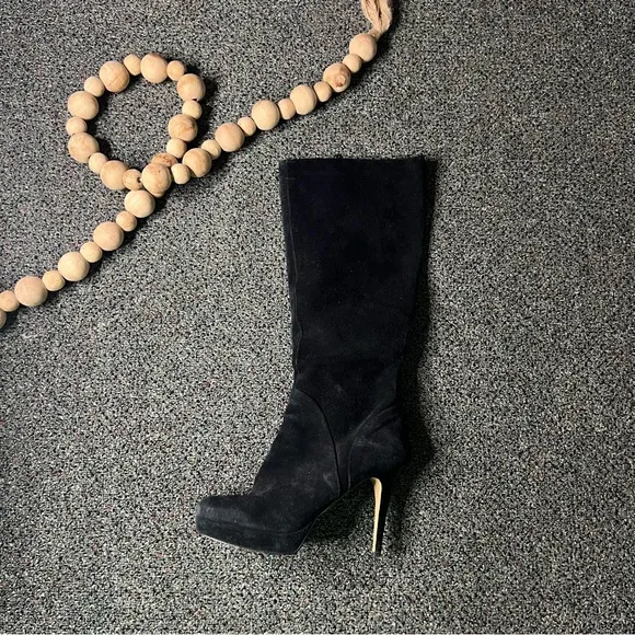 NINE WEST Black Platform Suede Stiletto Knee-Length Tall Leather Boots Shoes 7.5
