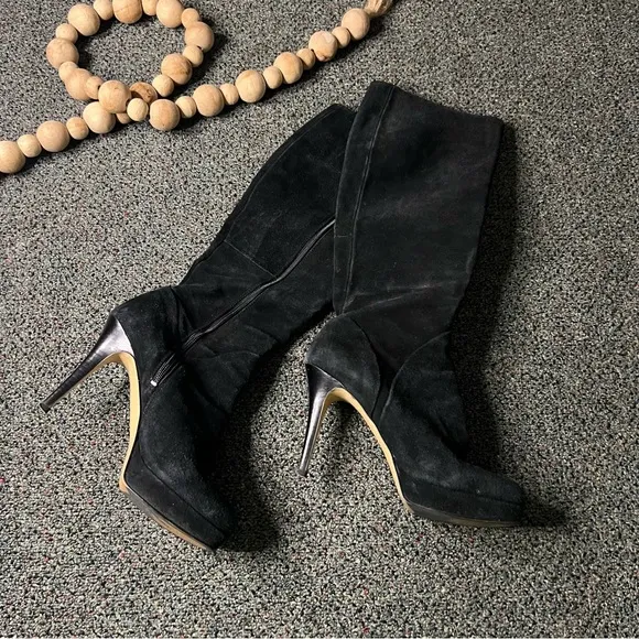 NINE WEST Black Platform Suede Stiletto Knee-Length Tall Leather Boots Shoes 7.5