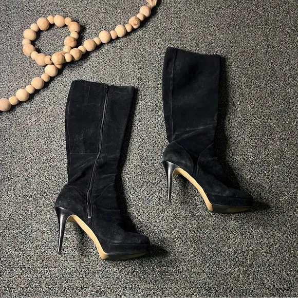 NINE WEST Black Platform Suede Stiletto Knee-Length Tall Leather Boots Shoes 7.5