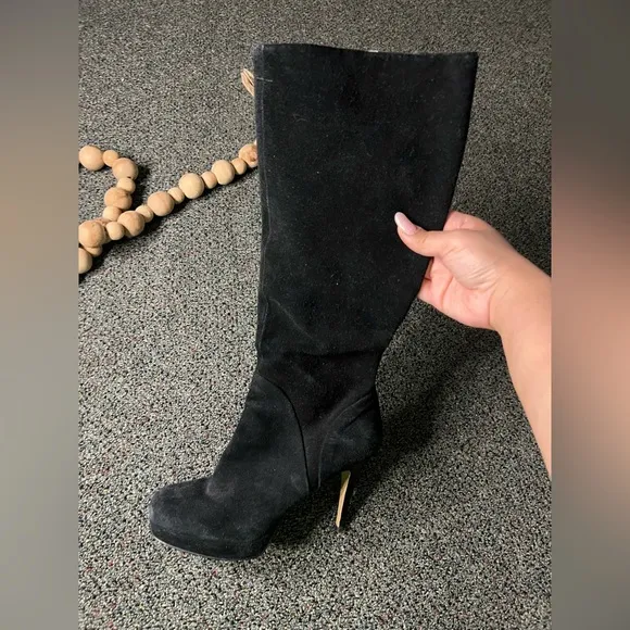 NINE WEST Black Platform Suede Stiletto Knee-Length Tall Leather Boots Shoes 7.5