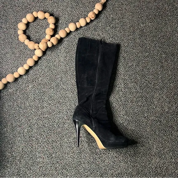 NINE WEST Black Platform Suede Stiletto Knee-Length Tall Leather Boots Shoes 7.5