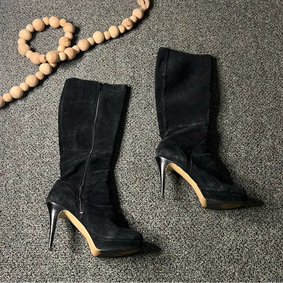 NINE WEST Black Platform Suede Stiletto Knee-Length Tall Leather Boots Shoes 7.5