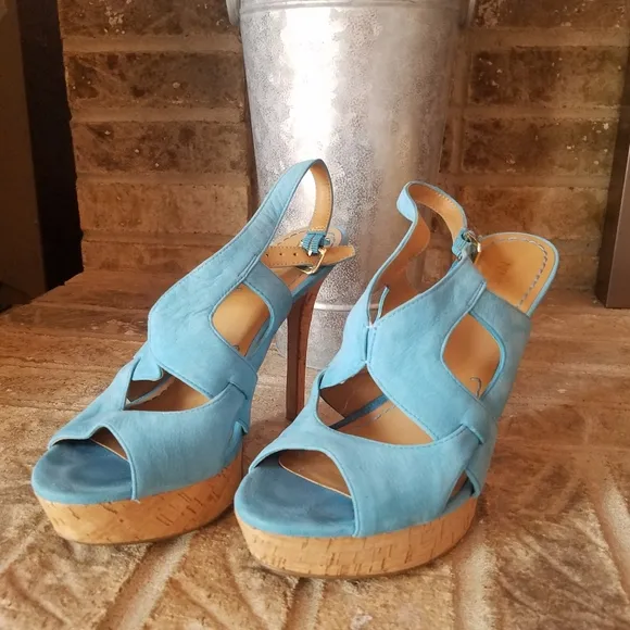 Nine West Platform Sandals Turquoise Blue Nubuck Cork Heels