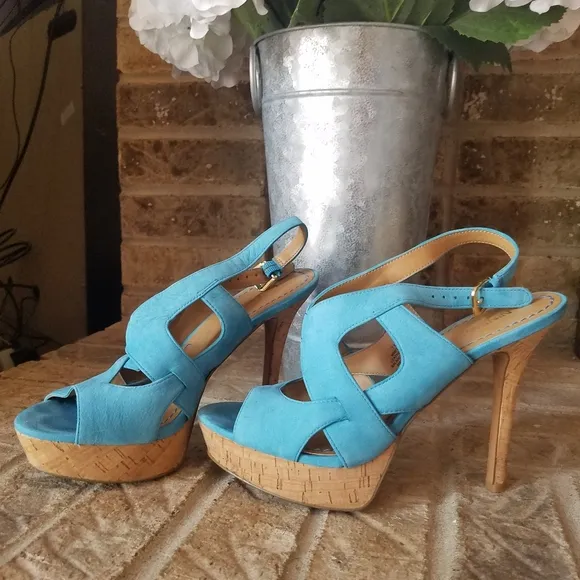 Nine West Platform Sandals Turquoise Blue Nubuck Cork Heels