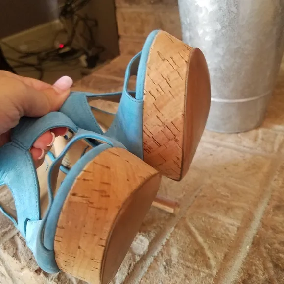 Nine West Platform Sandals Turquoise Blue Nubuck Cork Heels