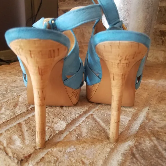 Nine West Platform Sandals Turquoise Blue Nubuck Cork Heels
