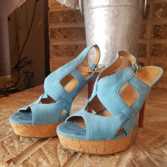 Nine West Platform Sandals Turquoise Blue Nubuck Cork Heels