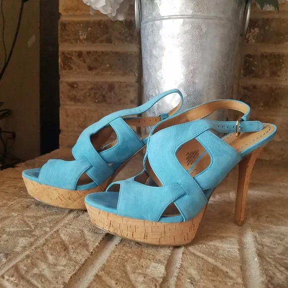 Nine West Platform Sandals Turquoise Blue Nubuck Cork Heels