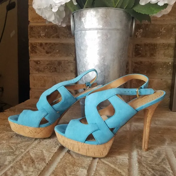 Nine West Platform Sandals Turquoise Blue Nubuck Cork Heels
