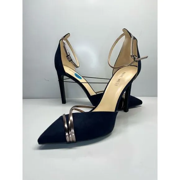 Nine West Pumps 10M Shoes Blue/ Silver Ankle Strap Suede Heels Women (L2)