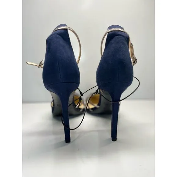 Nine West Pumps 10M Shoes Blue/ Silver Ankle Strap Suede Heels Women (L2)