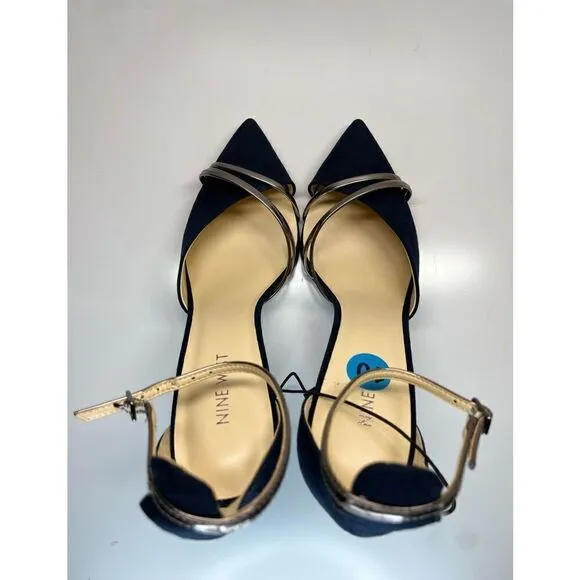 Nine West Pumps 10M Shoes Blue/ Silver Ankle Strap Suede Heels Women (L2)