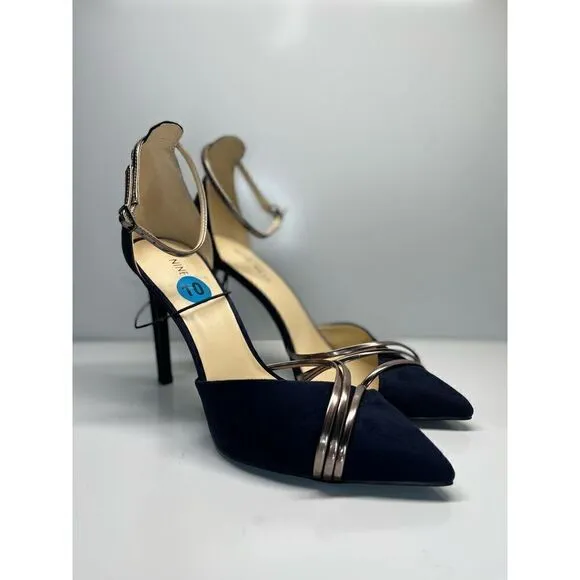 Nine West Pumps 10M Shoes Blue/ Silver Ankle Strap Suede Heels Women (L2)