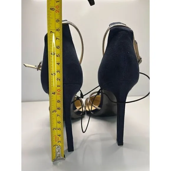 Nine West Pumps 10M Shoes Blue/ Silver Ankle Strap Suede Heels Women (L2)