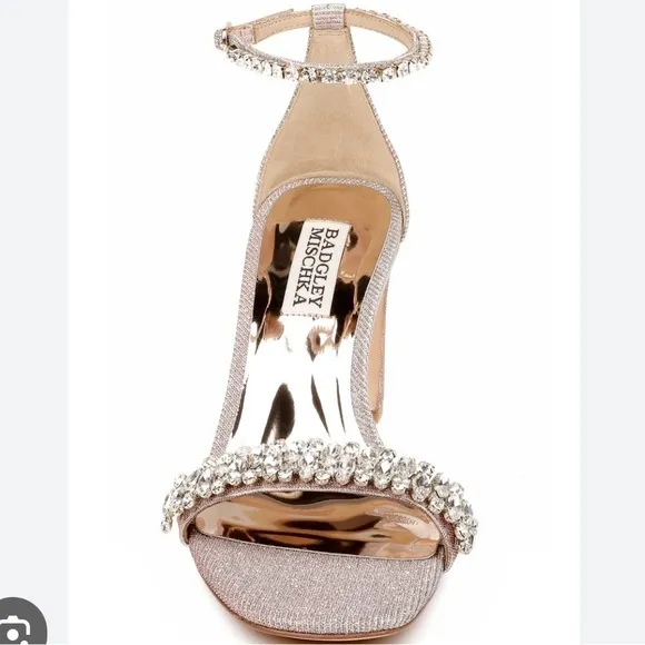 NWOB Badgley Mischka Harriet Open Square Toe Rhinestone Rose Gold Block Heel