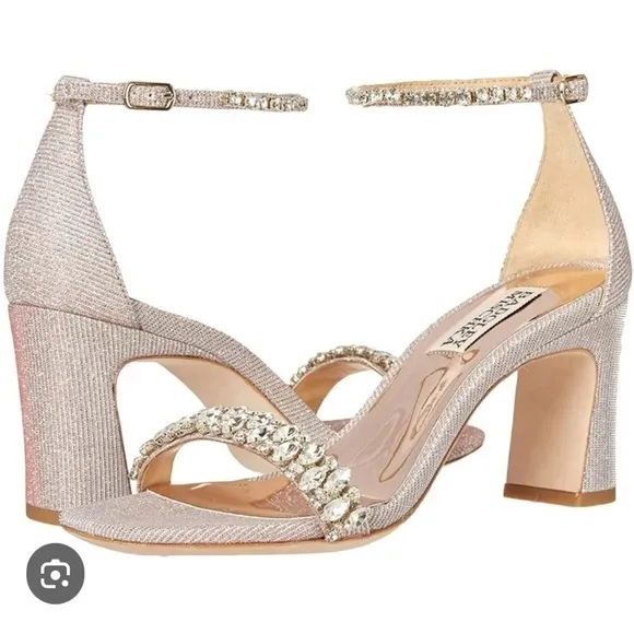 NWOB Badgley Mischka Harriet Open Square Toe Rhinestone Rose Gold Block Heel
