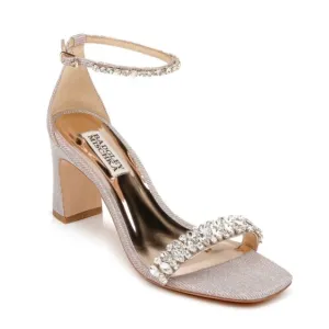 NWOB Badgley Mischka Harriet Open Square Toe Rhinestone Rose Gold Block Heel
