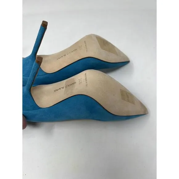NWOB Manolo Blahnik BB 105 Pumps Shoes Heels Aqua Blue Suede sz 34.5/4.5 US