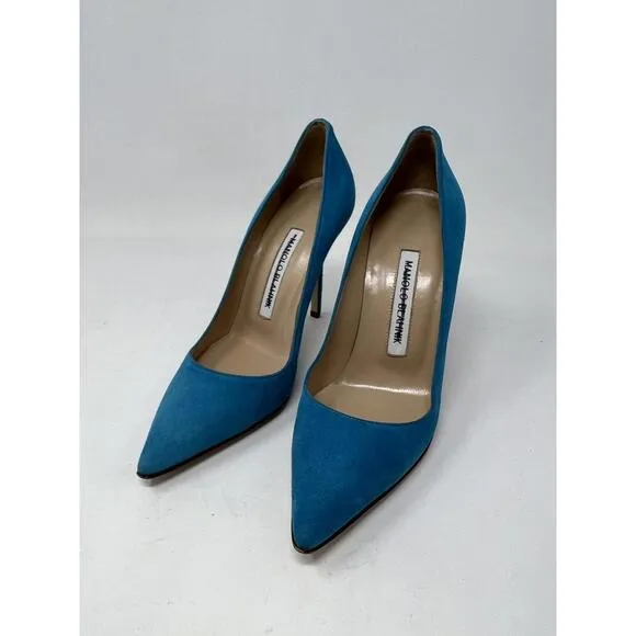 NWOB Manolo Blahnik BB 105 Pumps Shoes Heels Aqua Blue Suede sz 34.5/4.5 US