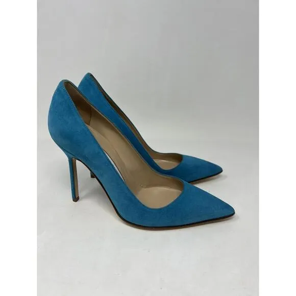 NWOB Manolo Blahnik BB 105 Pumps Shoes Heels Aqua Blue Suede sz 34.5/4.5 US