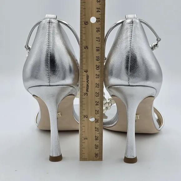 NWOT Badgley Mischka Loretta Dual Pearl Strap Stilettos, Silver, Women's 9