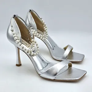 NWOT Badgley Mischka Loretta Dual Pearl Strap Stilettos, Silver, Women's 9