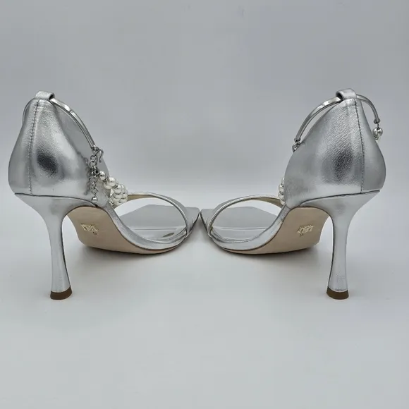 NWOT Badgley Mischka Loretta Dual Pearl Strap Stilettos, Silver, Women's 9