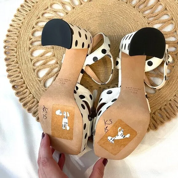 NWOT Kate Spade Delight Polka Dot Leather Platform Sandals Optic White Size 7.5