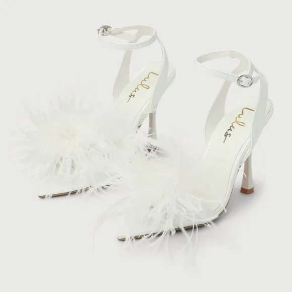 NWOT Lulus Harlee White Patent Feather High Heel Sandals. Size 6