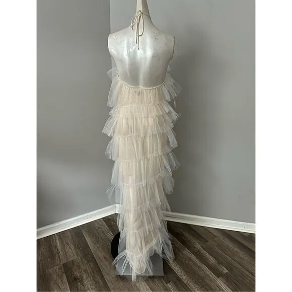 NWOT The Bar Sleeveless Layered Ruffled Tulle Henri Gown Maxi Dress Cream Size 2