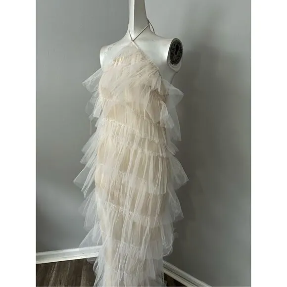 NWOT The Bar Sleeveless Layered Ruffled Tulle Henri Gown Maxi Dress Cream Size 2