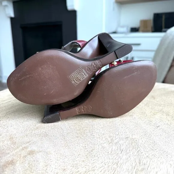 NWOT/Box TORY BURCH Kingsbridge Studded Wedge Sandals Burgundy Gold 8.5 Leather
