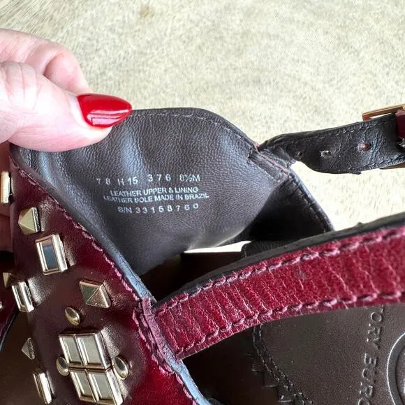 NWOT/Box TORY BURCH Kingsbridge Studded Wedge Sandals Burgundy Gold 8.5 Leather