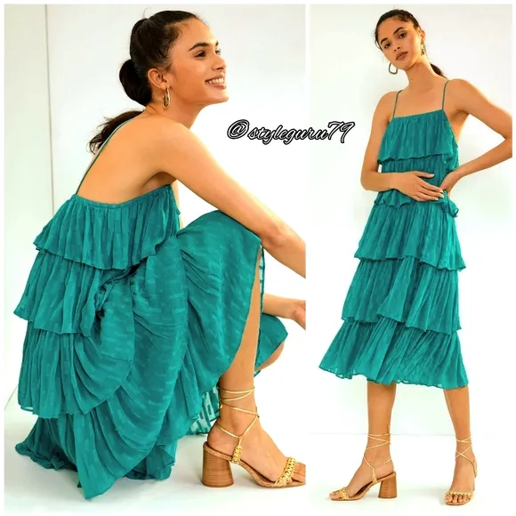 NWT, Anthropologie, Tiered Ruffled Midi Dress in Blue/Green
