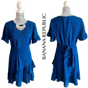 NWT Banana Republic Short Sleeve Blue Ruffle belted Dress Size 14