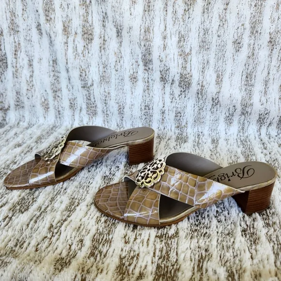 NWT Brighton &quot;Alison&quot; Sandals Croc Embossed Tan Block Heel Slip-on, Size 8 &amp; 8.5