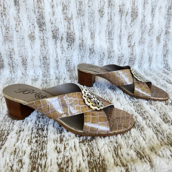 NWT Brighton &quot;Alison&quot; Sandals Croc Embossed Tan Block Heel Slip-on, Size 8 &amp; 8.5