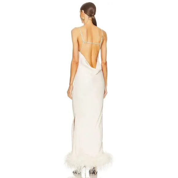 NWT Bubish Farah Feather Trim Slip Dress in White Size S $449