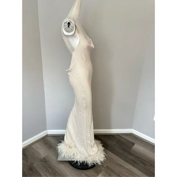 NWT Bubish Farah Feather Trim Slip Dress in White Size S $449