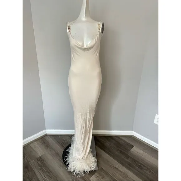 NWT Bubish Farah Feather Trim Slip Dress in White Size S $449