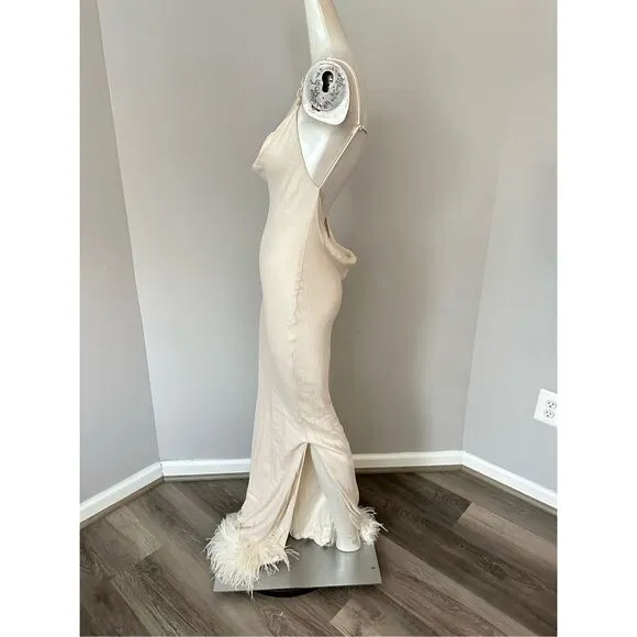 NWT Bubish Farah Feather Trim Slip Dress in White Size S $449