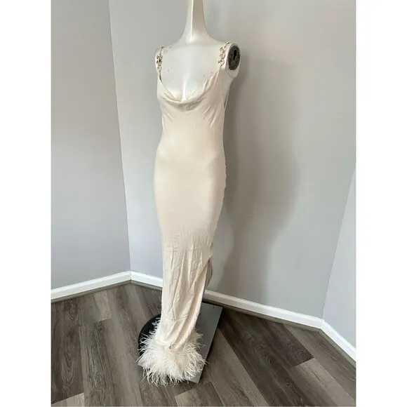 NWT Bubish Farah Feather Trim Slip Dress in White Size S $449