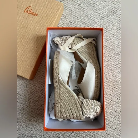 NWT Castaner white ivory satin lace up espadrille shoes gold flecks size 7.5/38