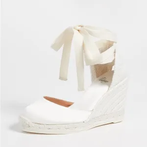 NWT Castaner white ivory satin lace up espadrille shoes gold flecks size 7.5/38