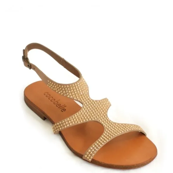 NWT Cocobelle Venus Gold Studded Tan Leather Resort Studded Flat Sandals