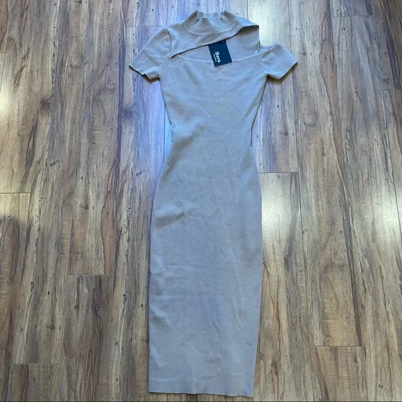 NWT HERA Collection Highneck Cutout Beige Ribbed Bodycon Dress Size S